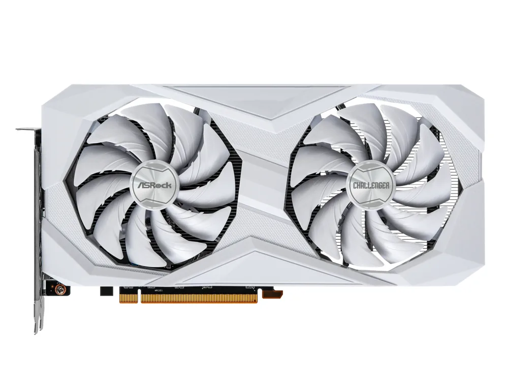 White dual-fan graphics card with silver backplate, horizontal orientation