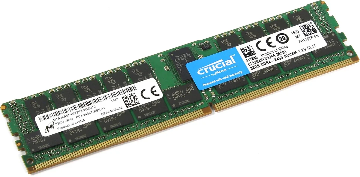 Green 288-pin DDR4 RDIMM module with black chips and silver heat spreader