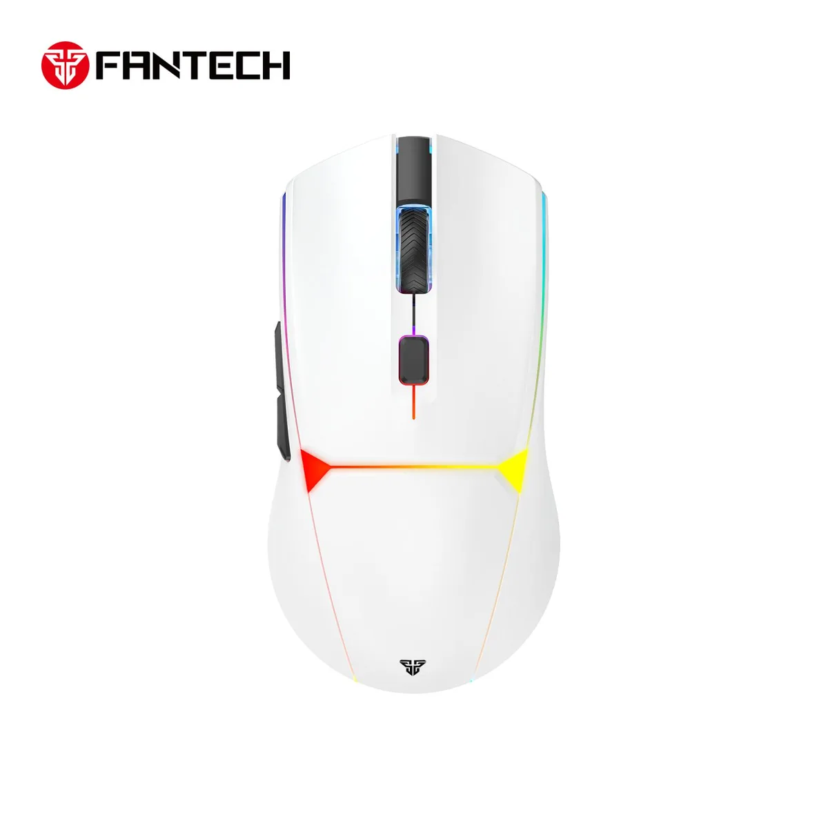 White wireless gaming mouse with UV coating, symmetrical shape, RGB lighting on body and base