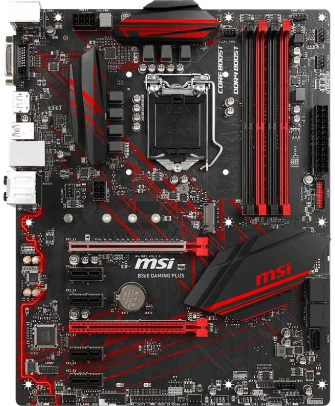 ATX motherboard with black PCB and silver heatsinks, LGA 1151 socket, I/O shield included