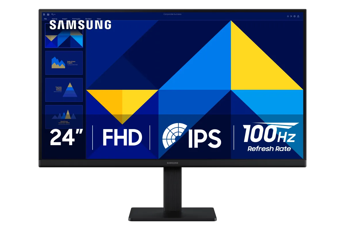 Black 24-inch flat IPS monitor on a tilt stand, slim bezels, matte finish