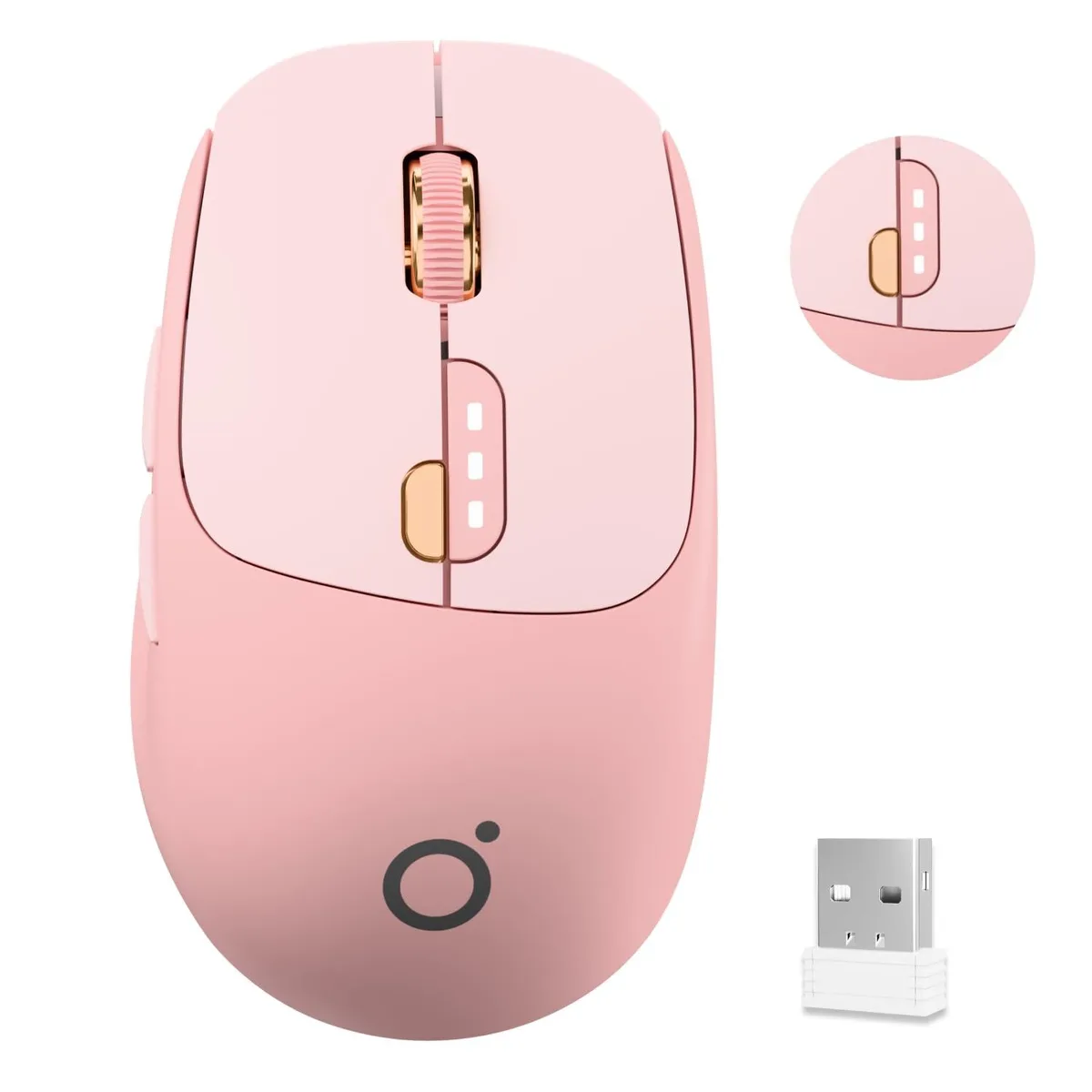 Rose pink wireless mouse with visible battery indicator and USB-C charging