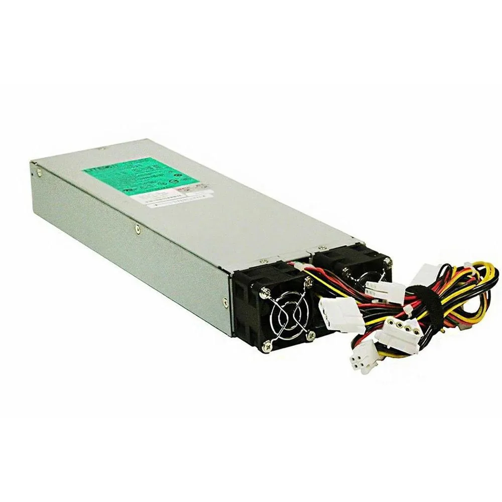 Rectangular silver server power supply unit with rear fan grille and power socket