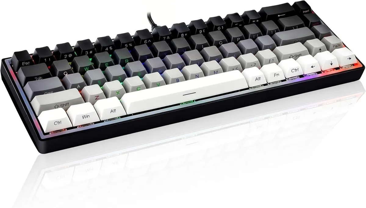 Compact 68-key mechanical keyboard with purple gradient PBT keycaps and RGB side glow