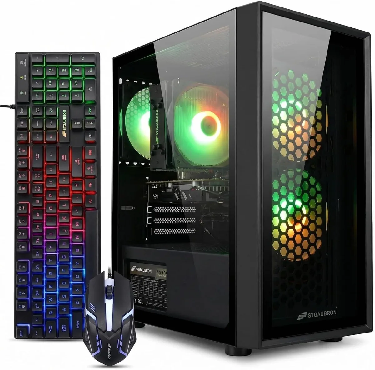Black tower gaming desktop with three RGB fans behind tempered glass side panel