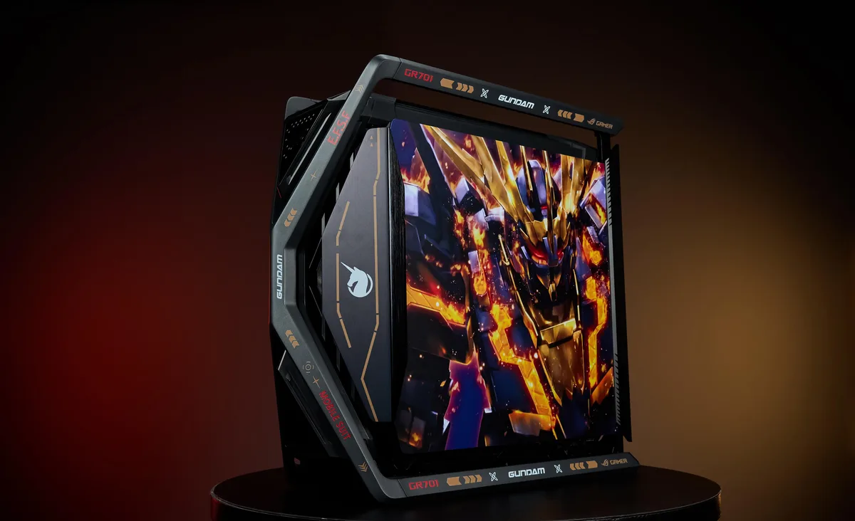 Full-tower E-ATX case in Gundam black with dual tempered-glass panels, four pre-installed 140 mm fans and a metal GPU holder