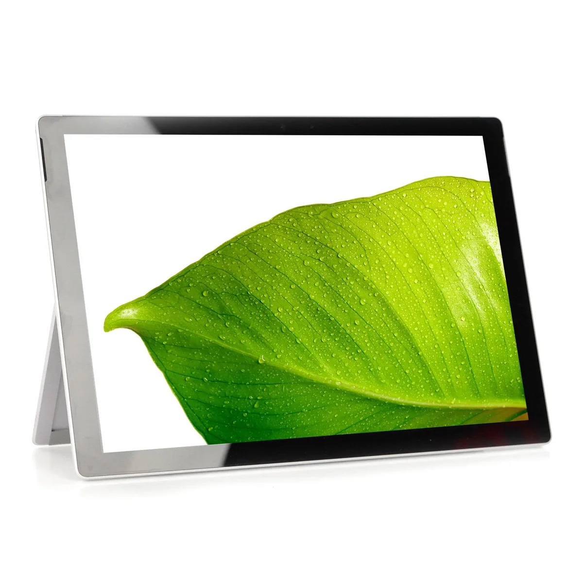 Silver 12.3 inch detachable tablet with kickstand and type cover attached