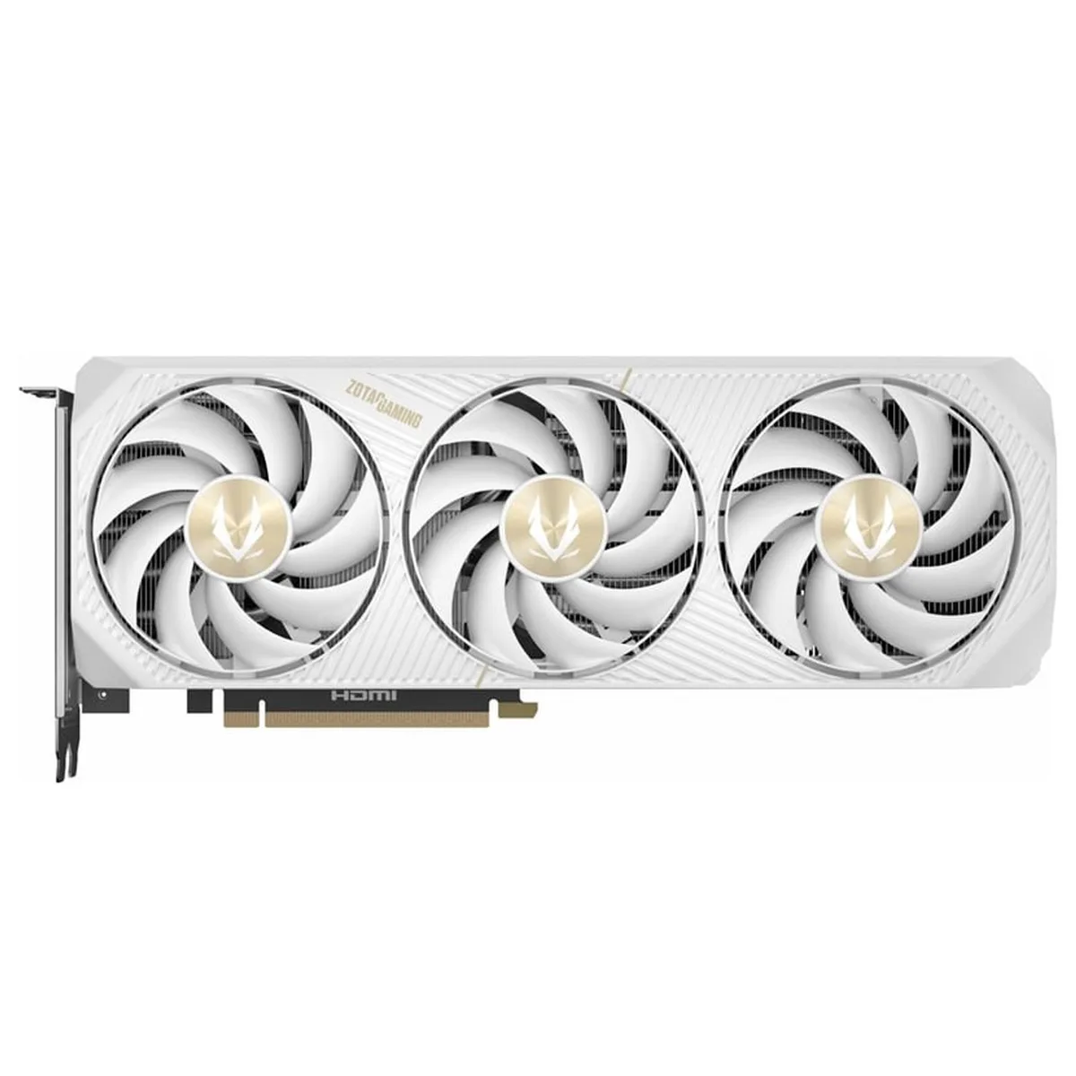 White triple-fan graphics card, 2.5-slot cooler, black backplate