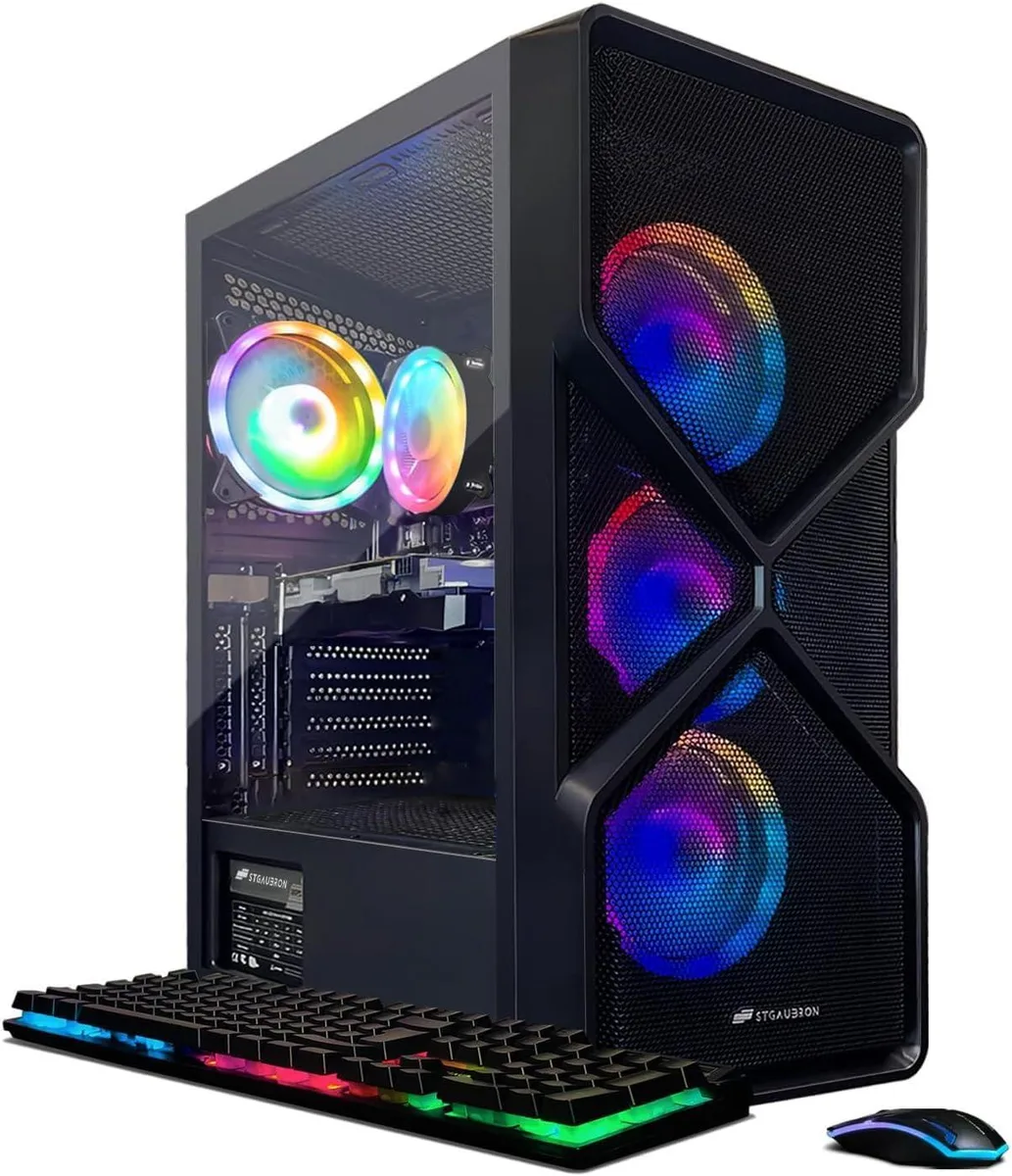 Black tower gaming desktop with four RGB fans visible behind front panel mesh