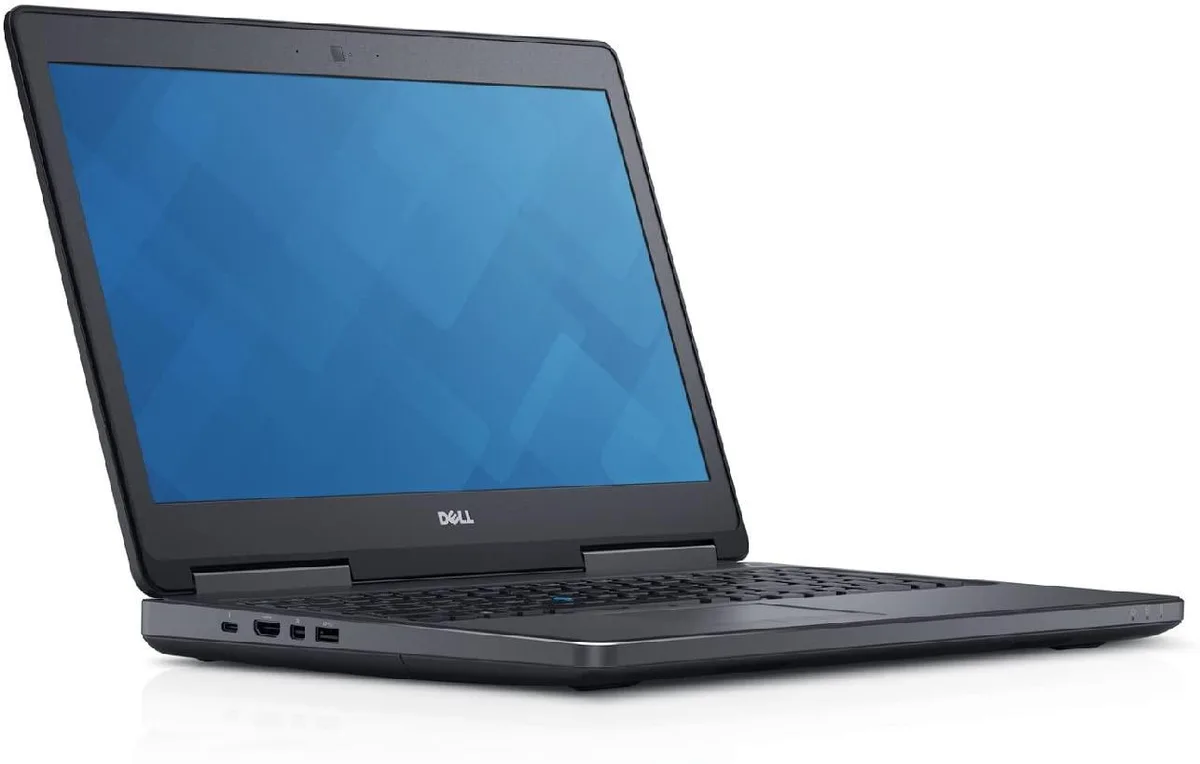 Silver-grey Dell Precision 7520 mobile workstation, 15.6 inch non-touch screen, thick chassis, webcam above display