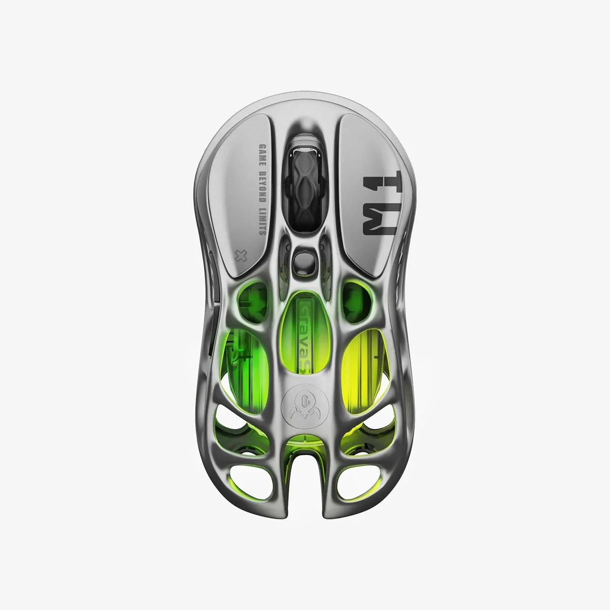 Silver lightweight magnesium alloy gaming mouse with hollowed-out shell, five buttons, USB-C port, RGB lighting visible through cutouts