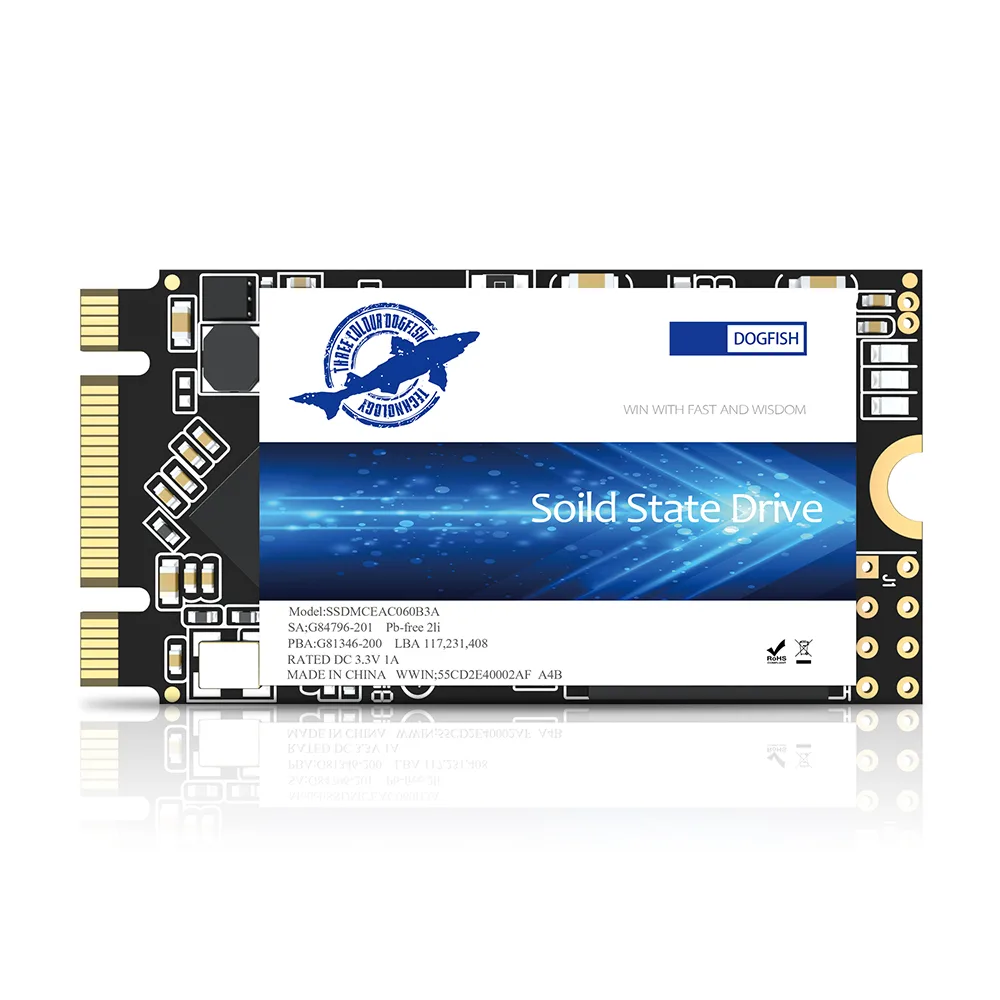 Small green circuit board M.2 2242 SSD with black chips and gold edge connector