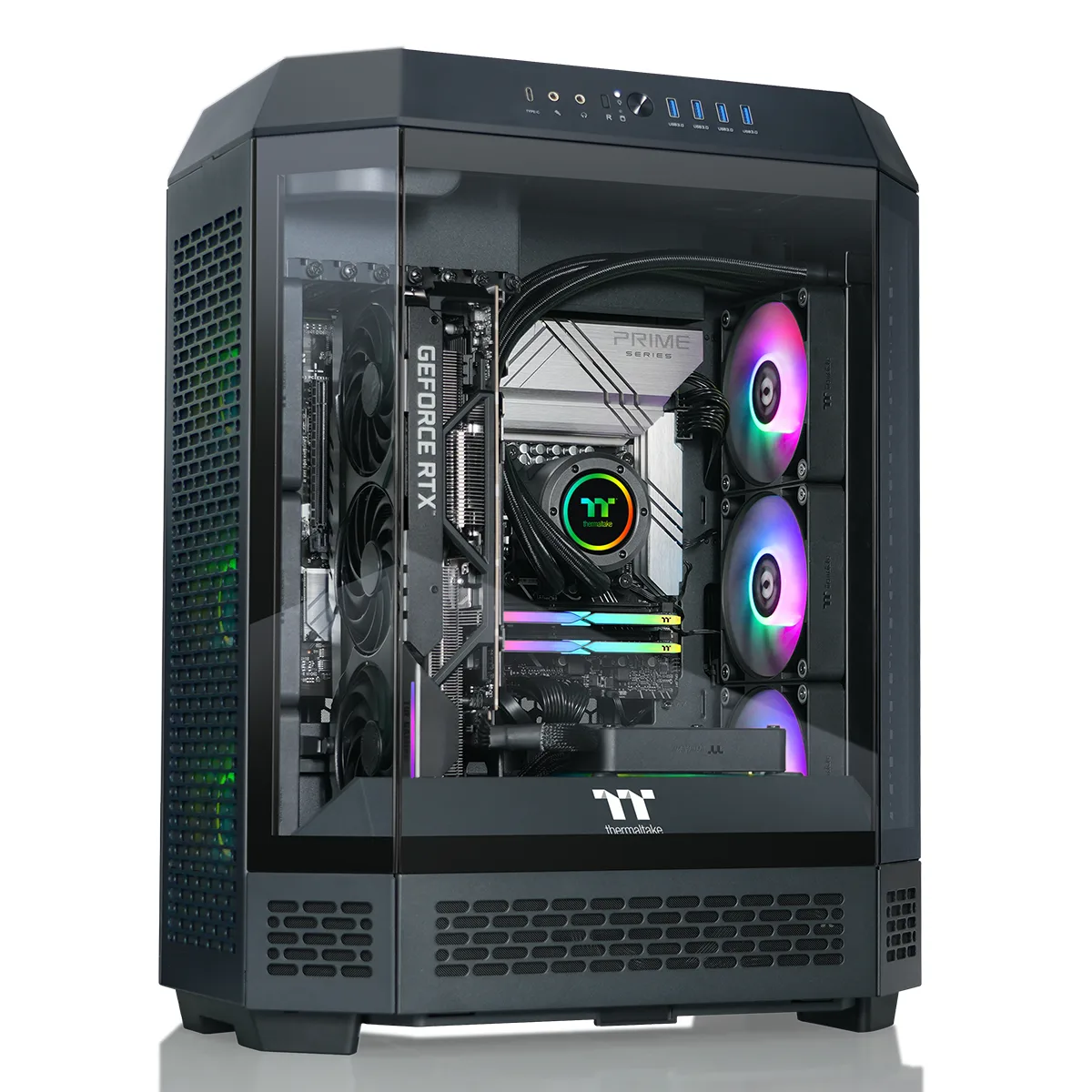 Black mid-tower gaming desktop with 360mm ARGB liquid cooler visible through glass side panel