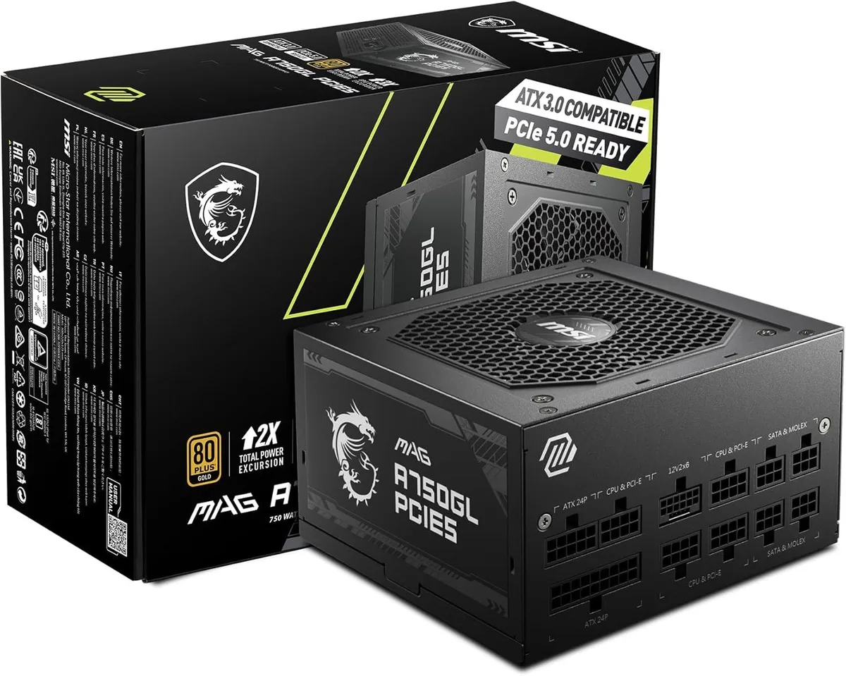 Black rectangular ATX power supply unit with a single 120 mm fan grille and modular cable sockets on the rear face