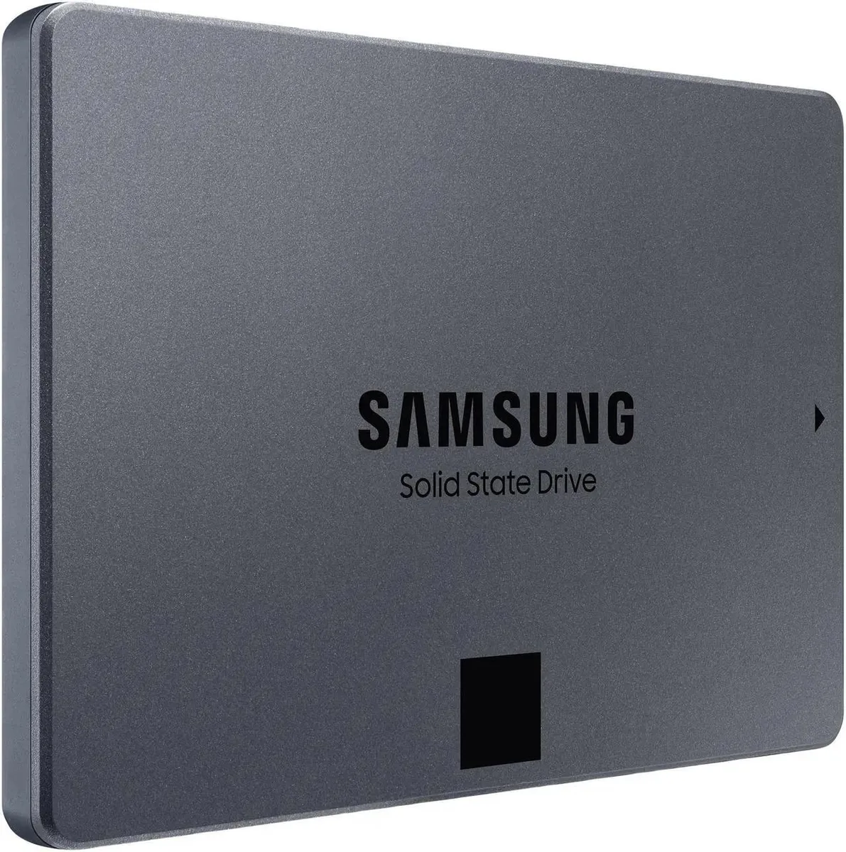 Rectangular 2.5 inch SATA internal SSD with black metal casing and Samsung branding