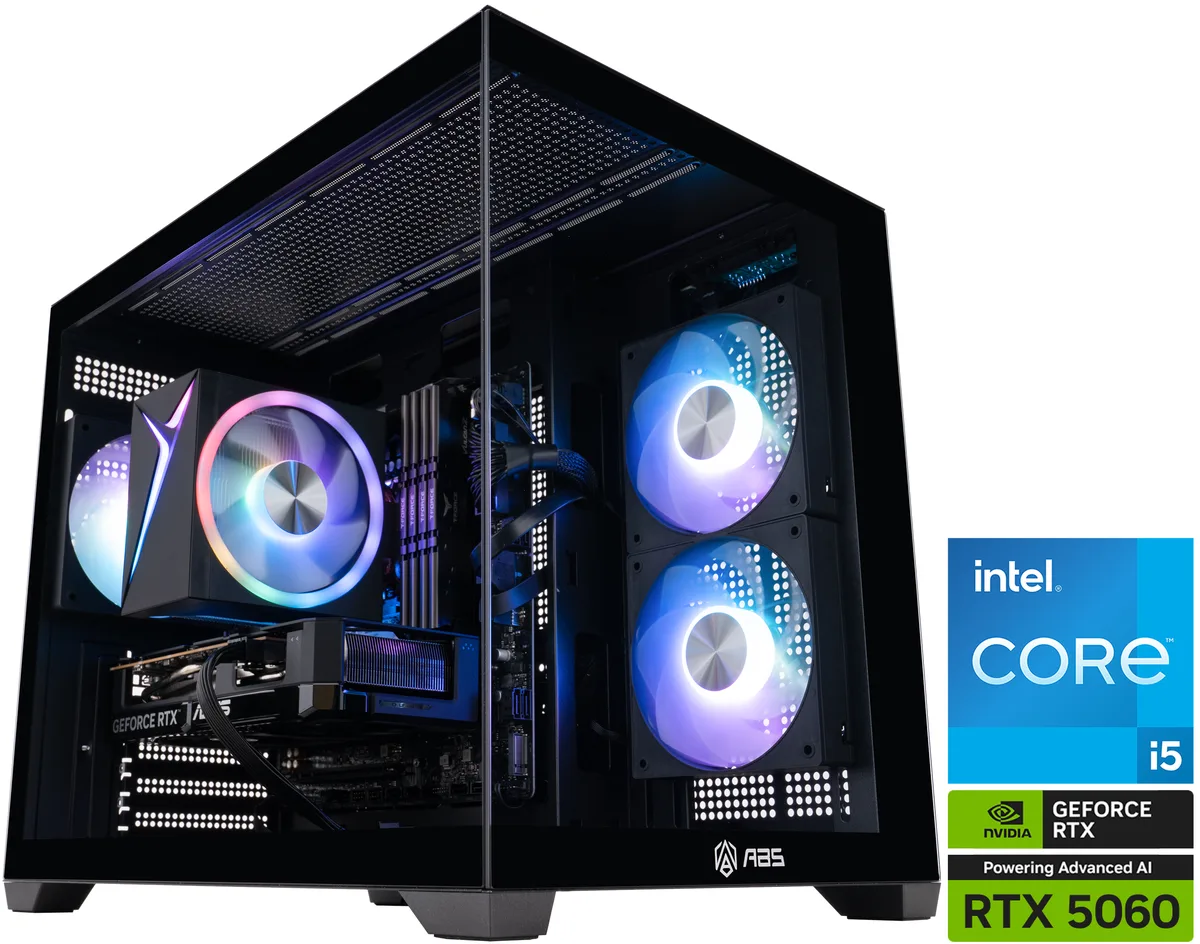 Black mid-tower gaming desktop with mesh front panel and visible RGB lighting inside
