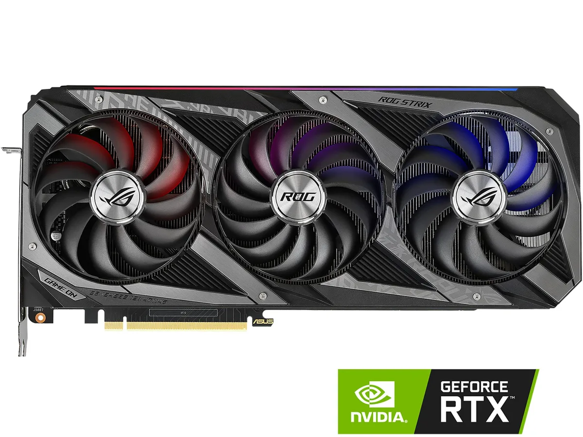 ASUS ROG Strix GeForce RTX 3070 Ti triple-fan graphics card with silver-and-black metal shroud and backplate