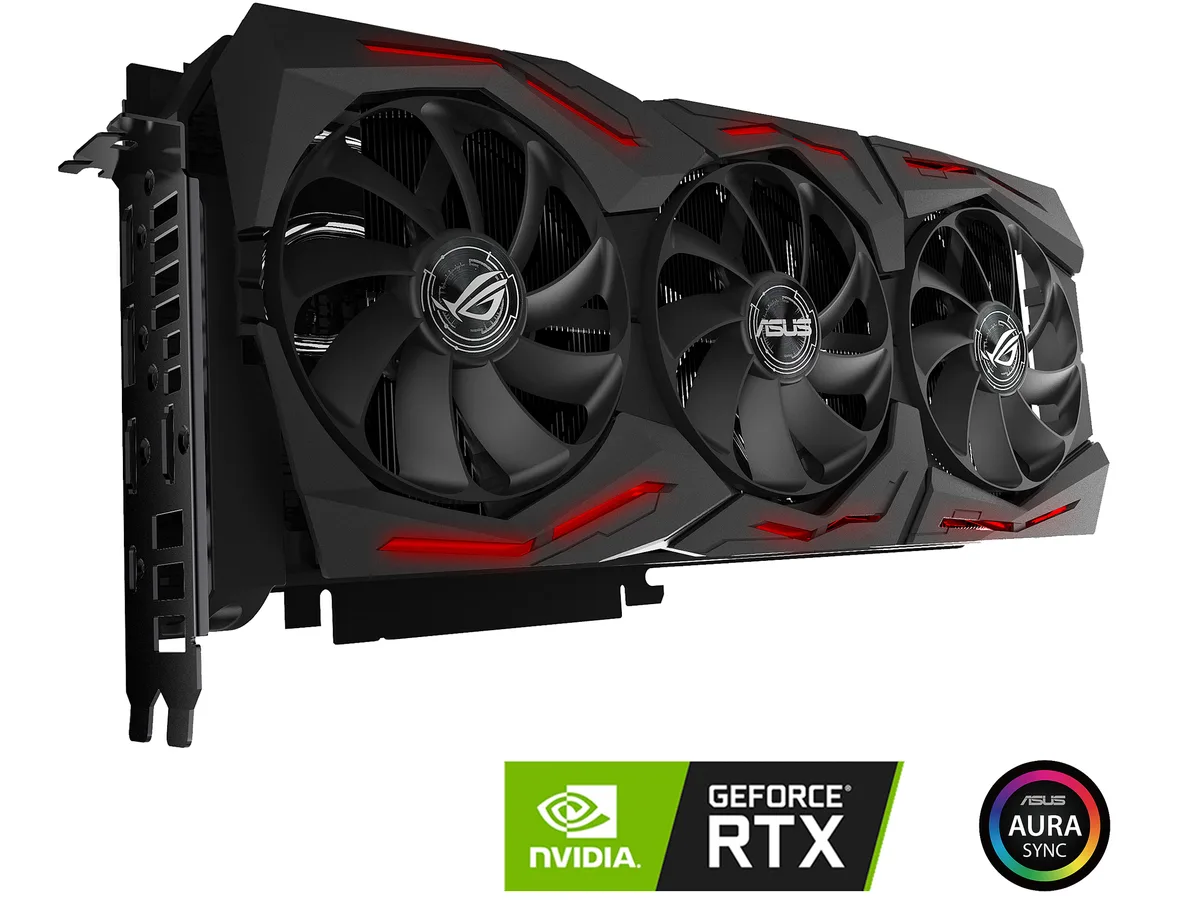 ASUS ROG Strix RTX 2080 triple-fan graphics card with silver shroud and RGB lighting