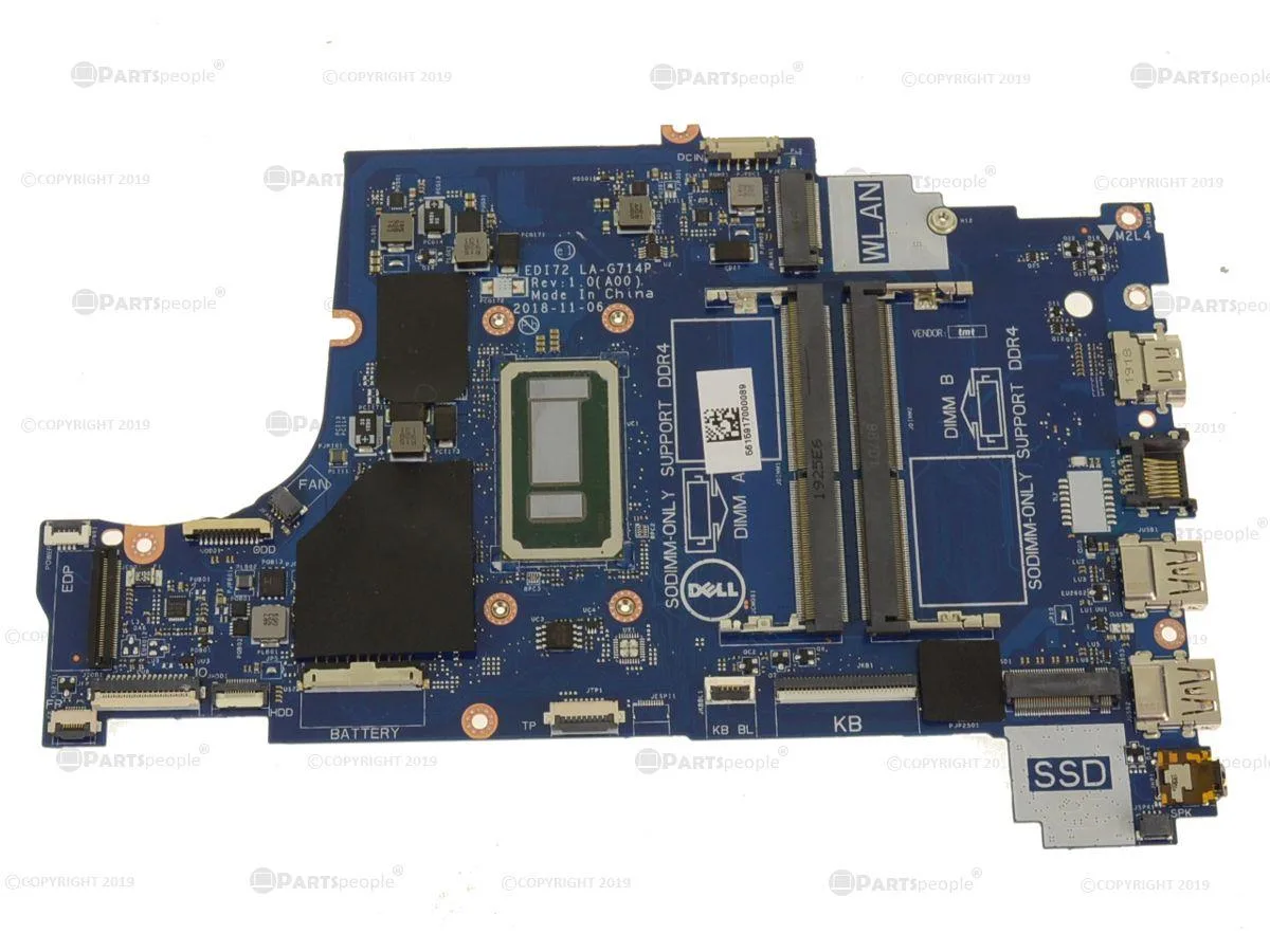 Green Dell laptop motherboard with soldered Core i3 7020U 2.3GHz chip