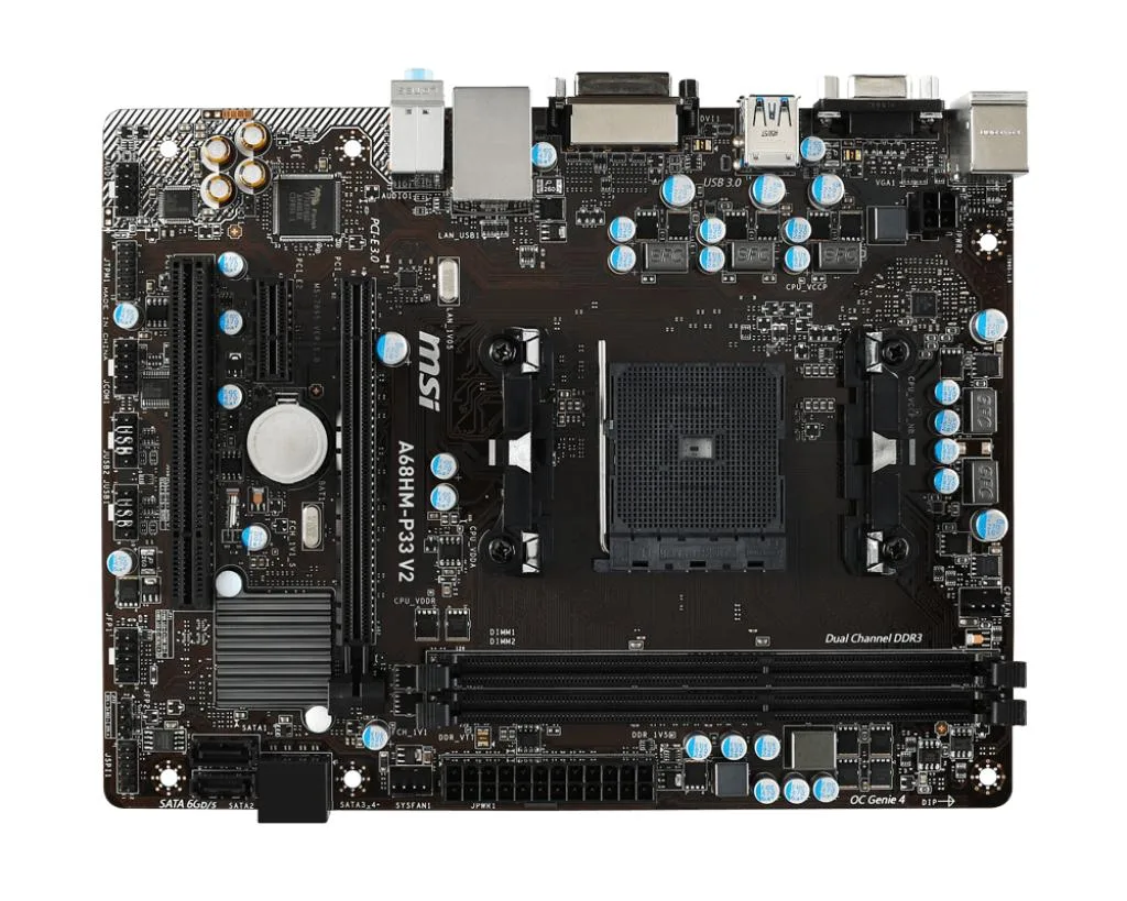Green Micro ATX motherboard with black PCIe slots and silver CPU socket