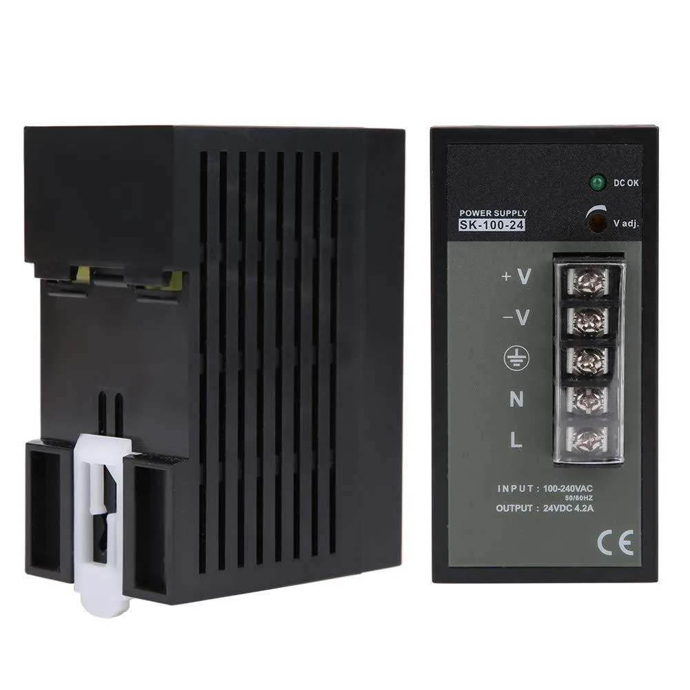 DIN-rail switching power supply in grey plastic housing with brass terminals and front status LED