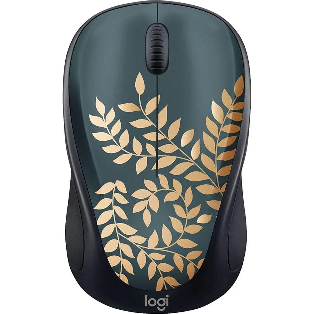 Compact wireless mouse with gold floral pattern, ambidextrous shape, rubber side grips, three buttons, USB receiver visible