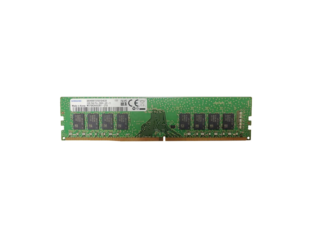 Green rectangular circuit board with black memory chips and gold edge connector