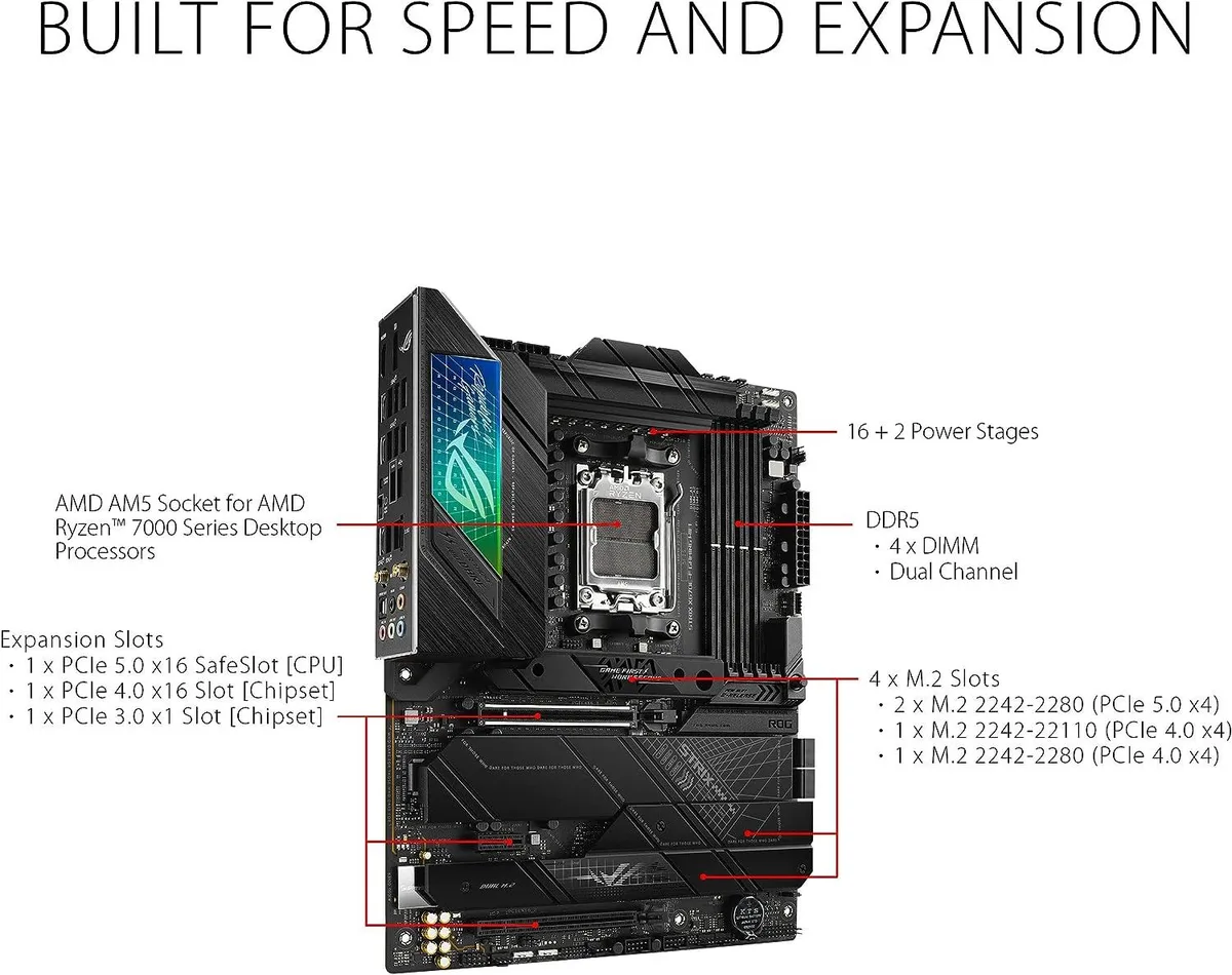 ATX motherboard with black PCB, silver heatsinks and integrated I/O shield