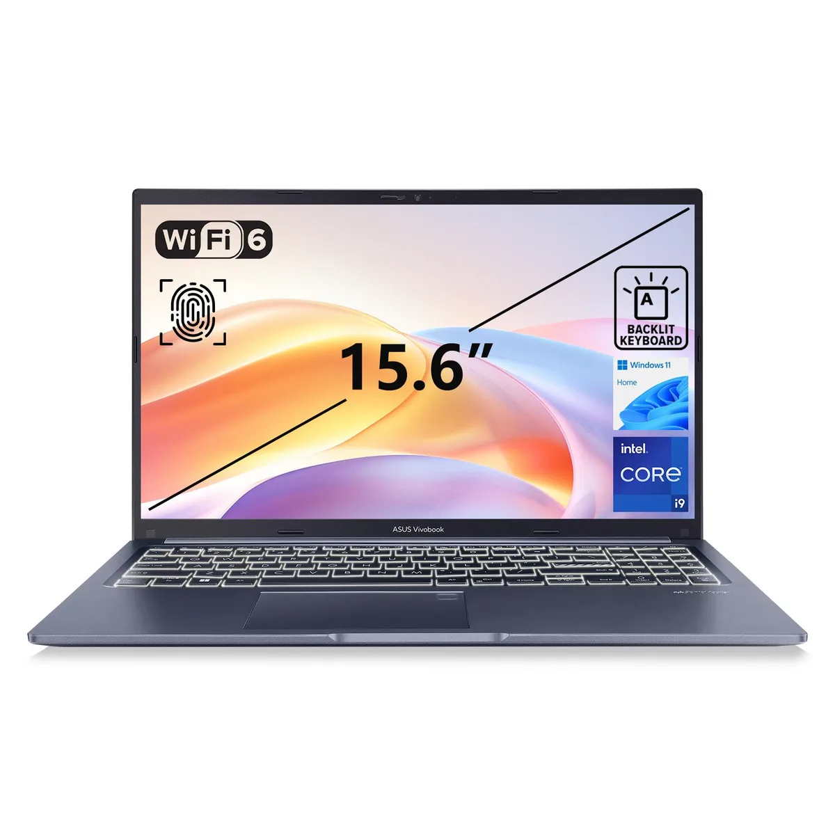 Blue 15.6 inch ASUS VivoBook F1502 laptop with backlit keyboard and fingerprint reader