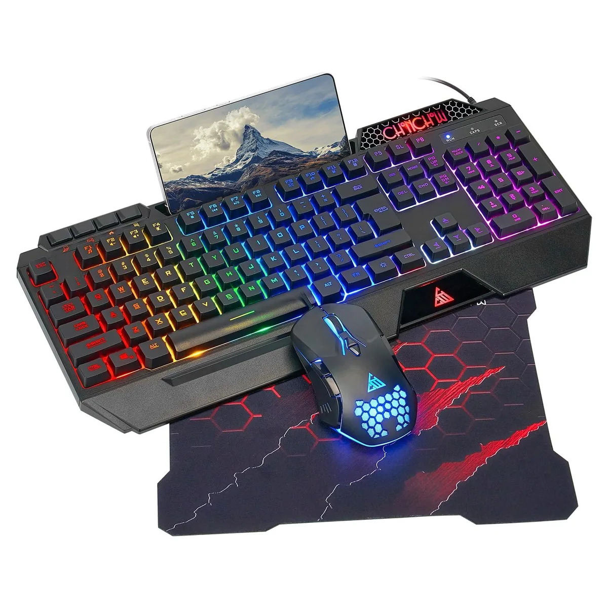 Black wired gaming keyboard with RGB backlighting, integrated phone holder and wrist rest, paired with matching black RGB mouse