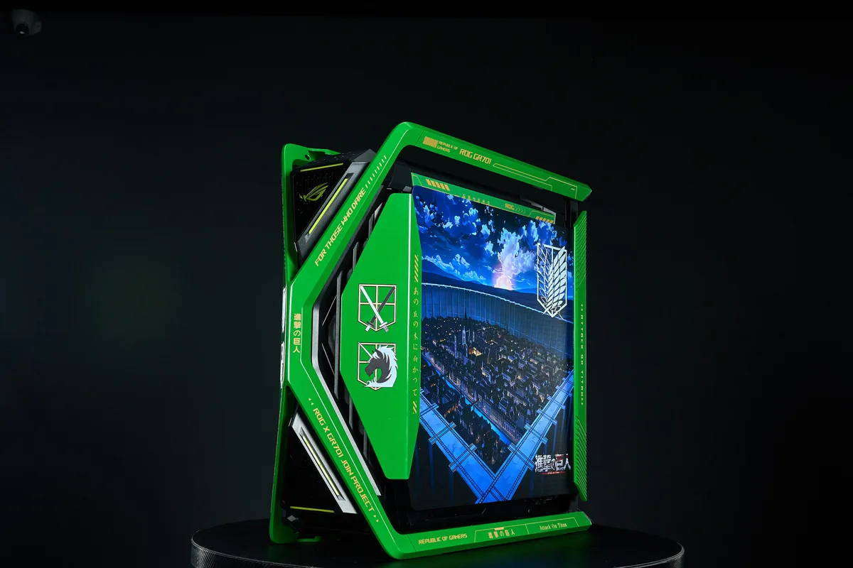 Green Attack on Titan full-tower case with dual tempered-glass panels and four 140 mm fans visible