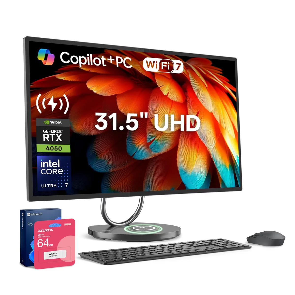 Grey all-in-one desktop with 31.5 inch UHD display, wireless keyboard and mouse