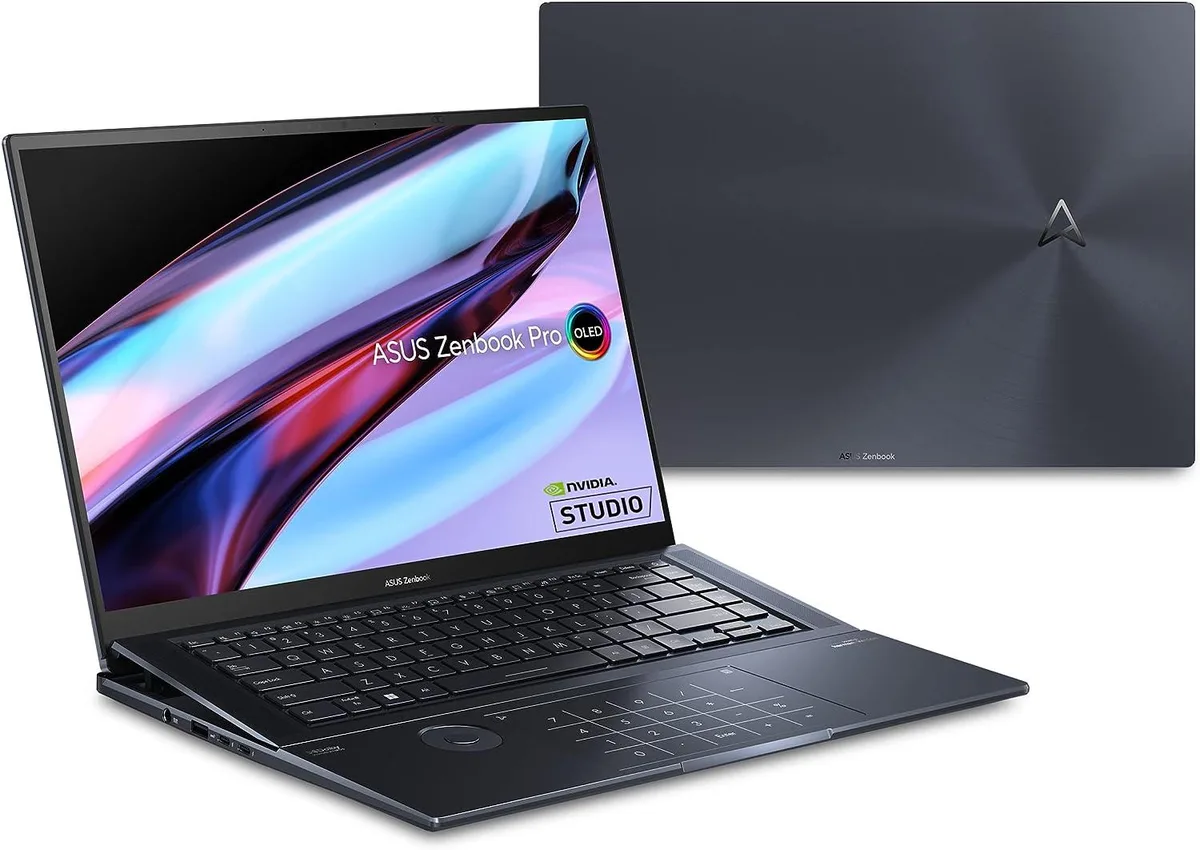 Black 16 inch OLED touchscreen laptop, closed lid, matte finish