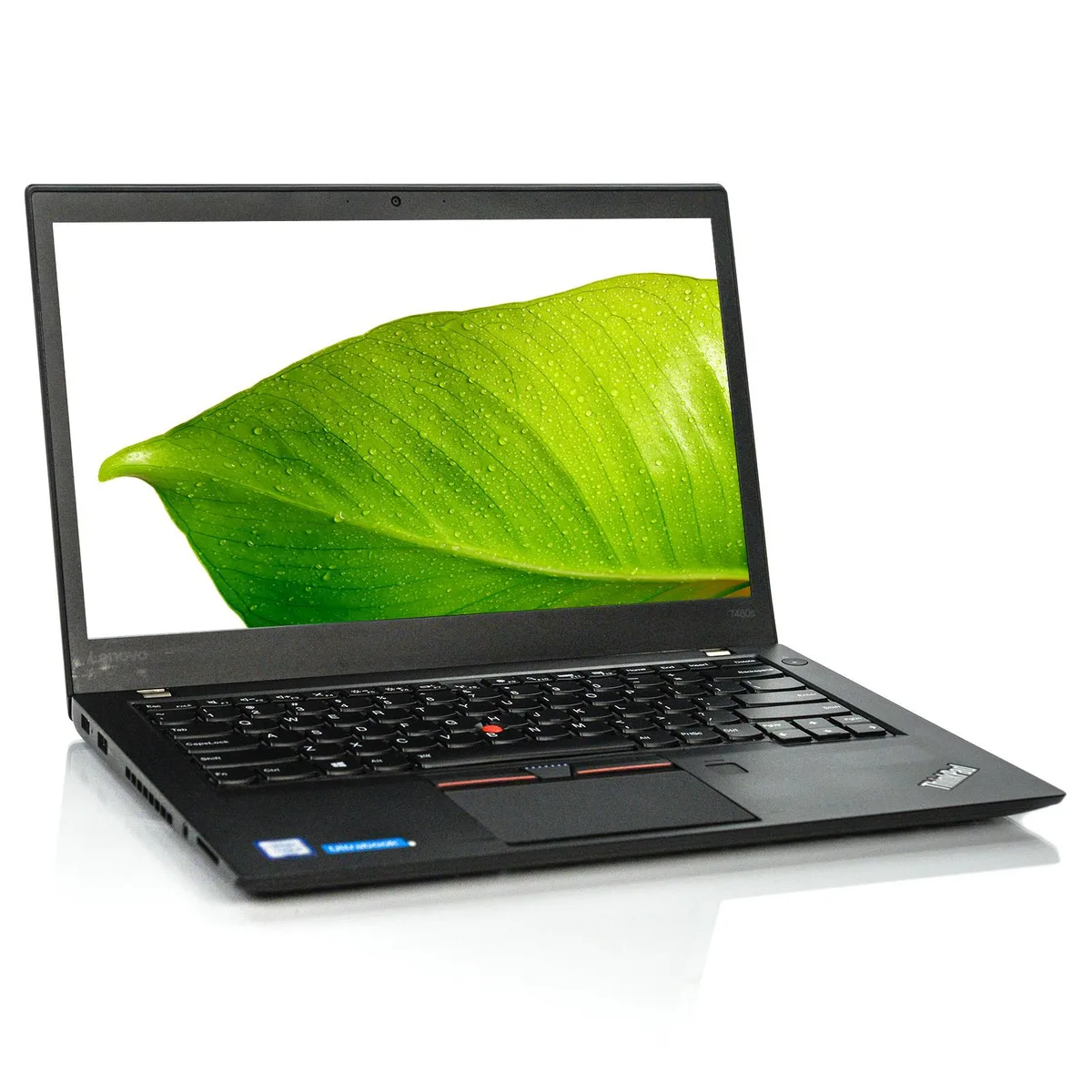 Black 14 inch Lenovo ThinkPad T460S laptop closed on a plain background