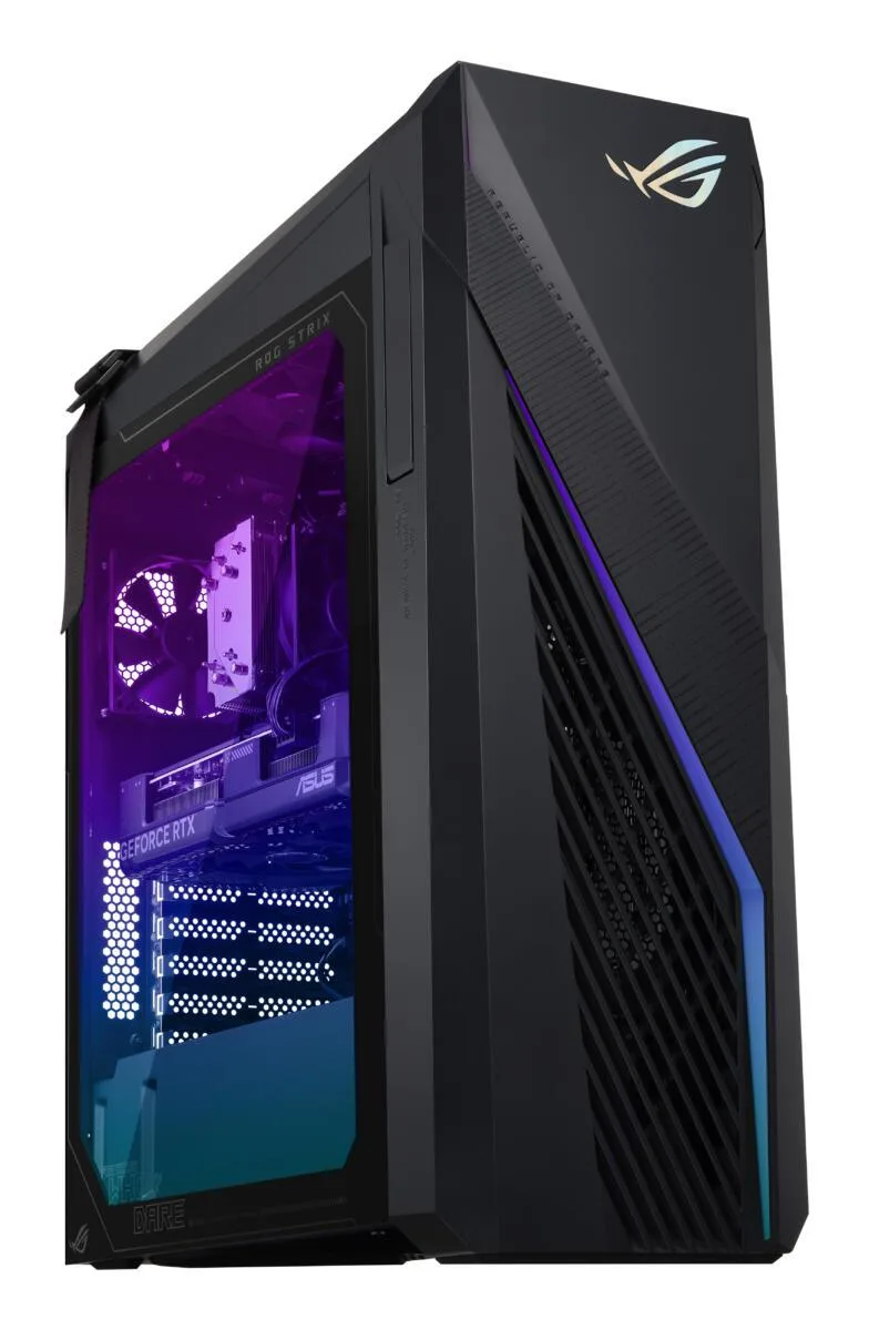 Dark gray tower gaming desktop with ROG Strix branding