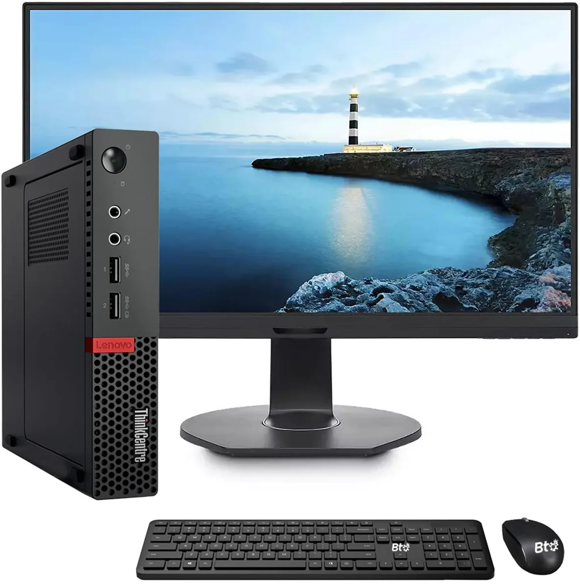 Black Lenovo ThinkCentre M910Q Tiny mini PC with 22 inch monitor keyboard and mouse