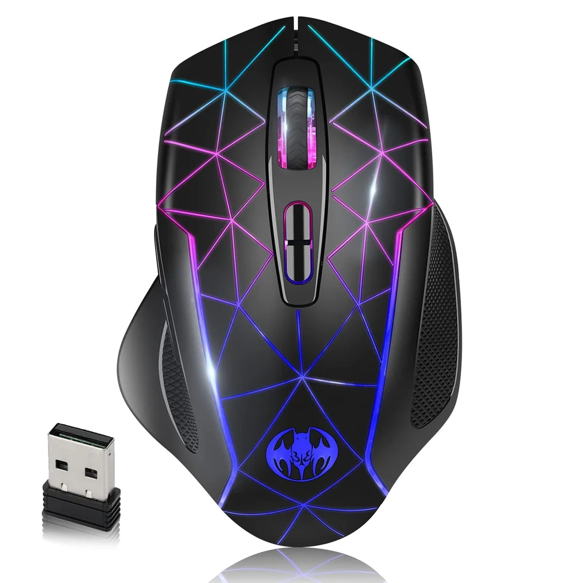 Black right-hand wireless gaming mouse with thumb rest and 16 buttons