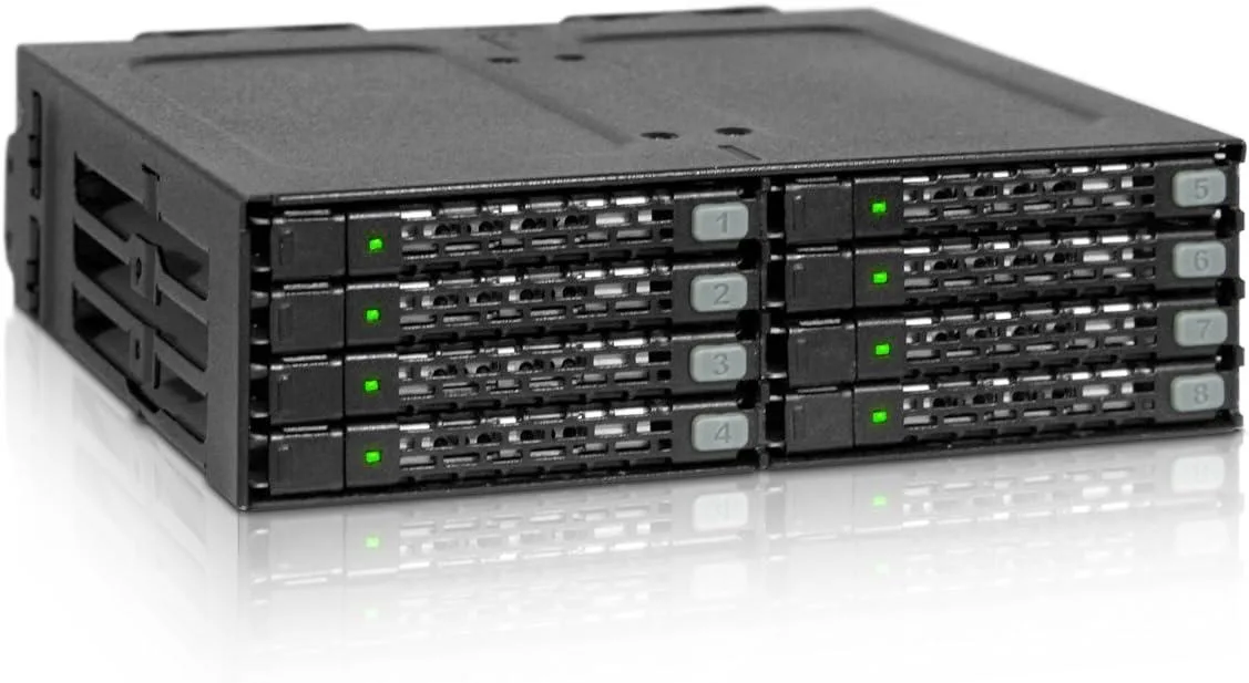 Black metal 8-bay 2.5-inch drive rack for 5.25-inch bay with dual 40mm fans