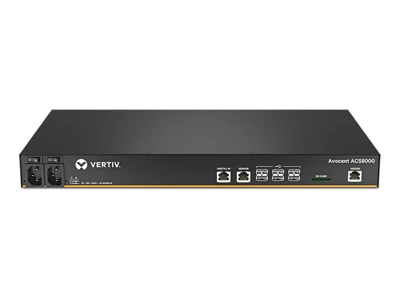 Rack-mount console server with front panel ports and dual AC power supplies