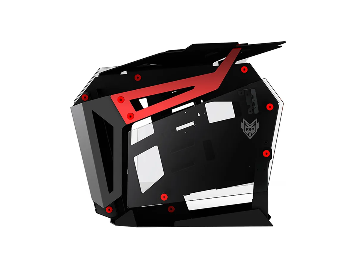 Open-frame aluminium chassis with tempered glass panels and central ARGB light bar