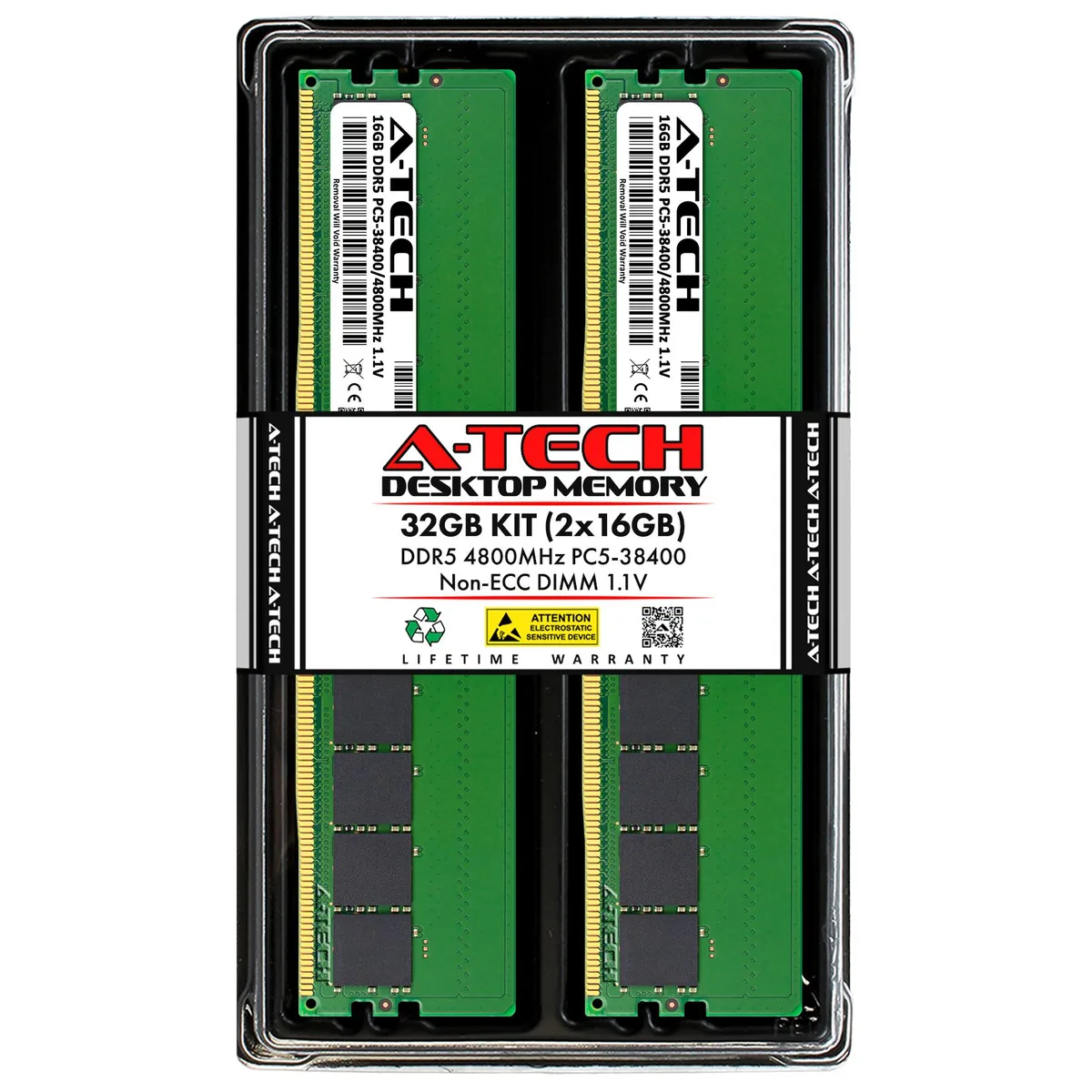 Two green DDR5 UDIMM sticks, 16 GB each, no heat spreader, 288-pin