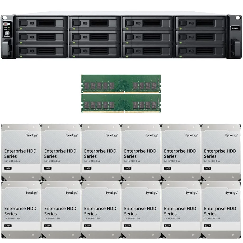 Silver 12-bay rackmount NAS with front drive trays, rear dual power supplies, and network ports