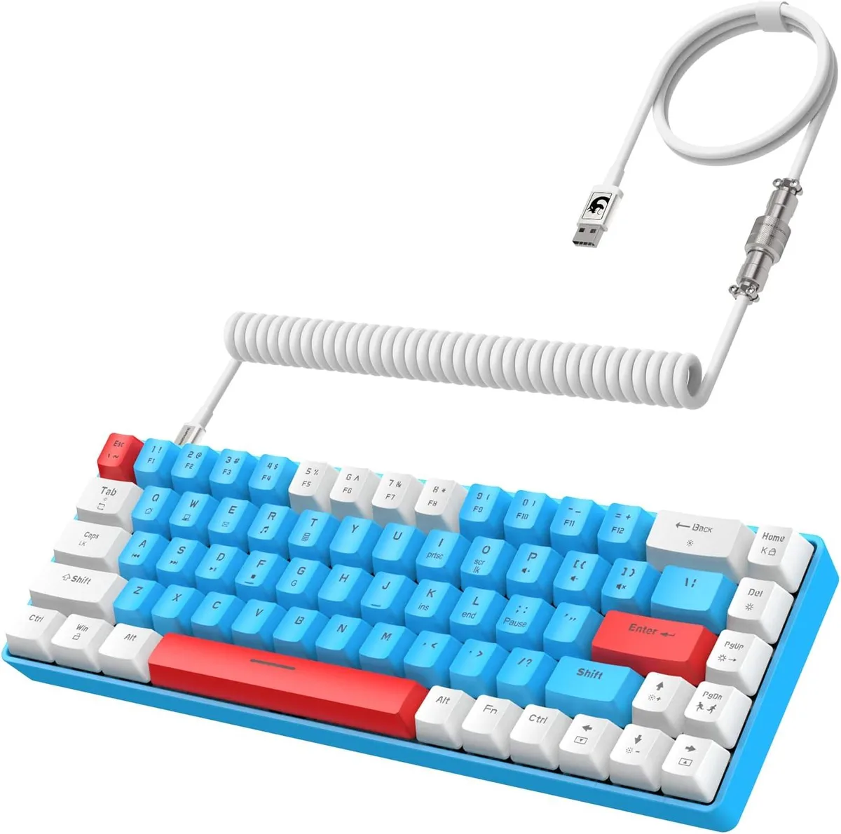 Compact 68-key mechanical keyboard with coiled USB-C cable and blue switches
