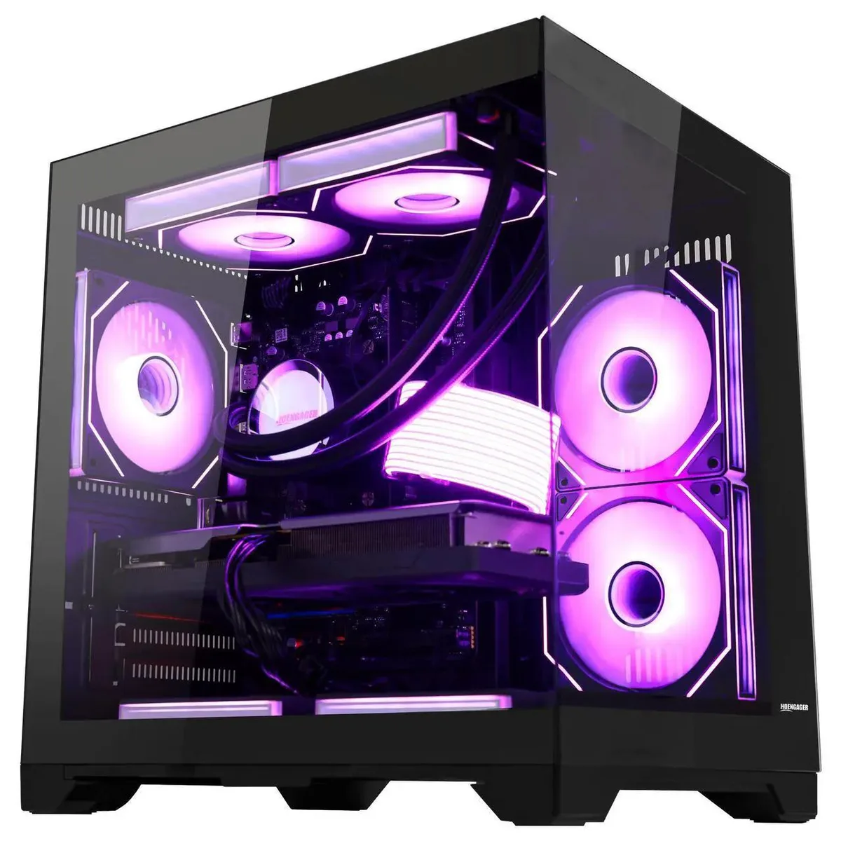 Black mid-tower gaming desktop with RGB liquid cooling visible through side panel