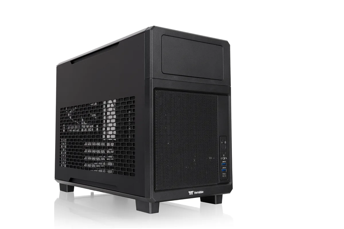 Black micro-ATX steel case with mesh side panel, rear 120mm fan, USB-C front port