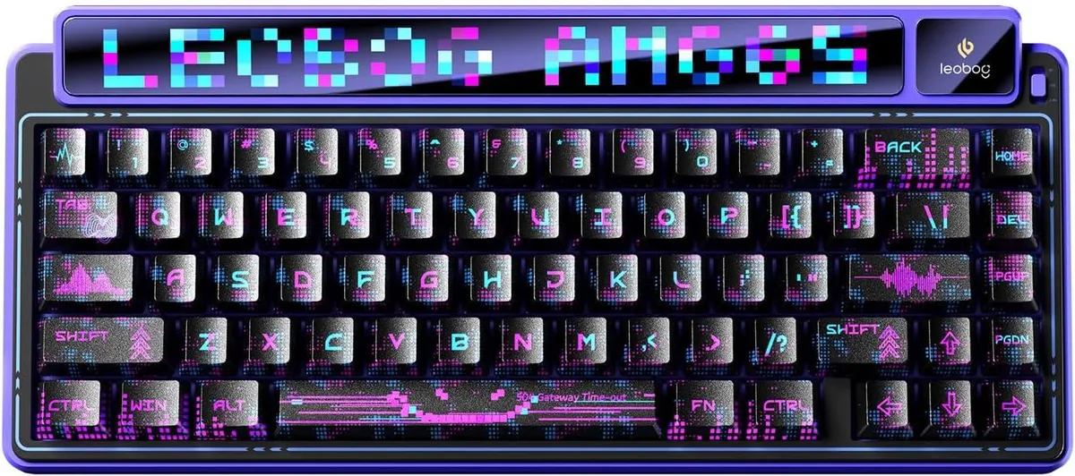 Purple 65% mechanical keyboard with dual screens and 67 keys