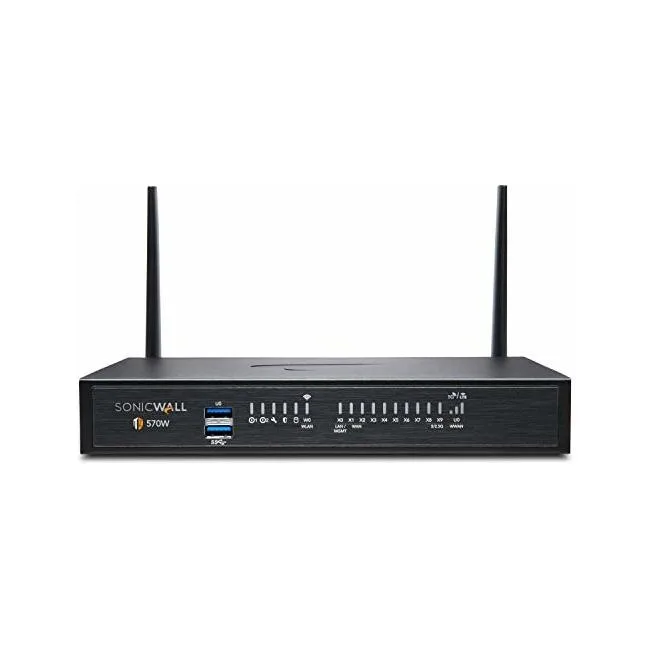 White desktop firewall appliance with integrated wireless antennas, front LED panel and rear port array