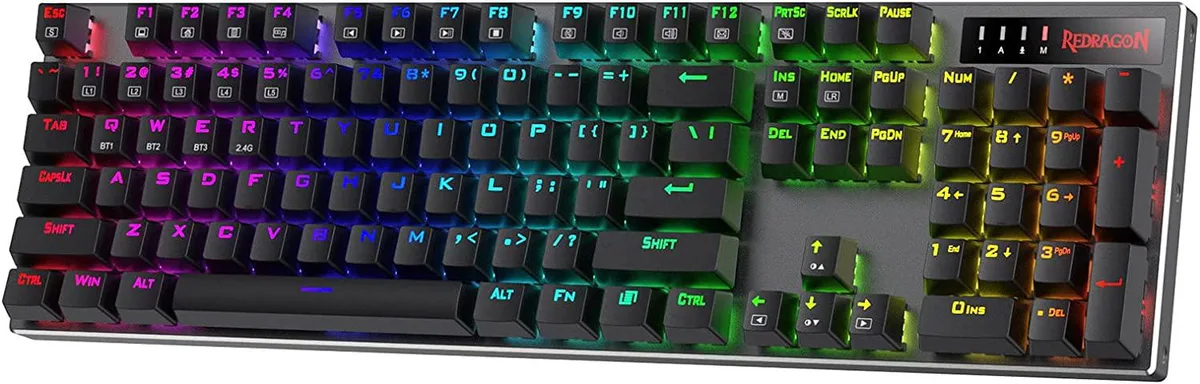 Black aluminium gaming keyboard with 104 red mechanical switches and RGB backlighting