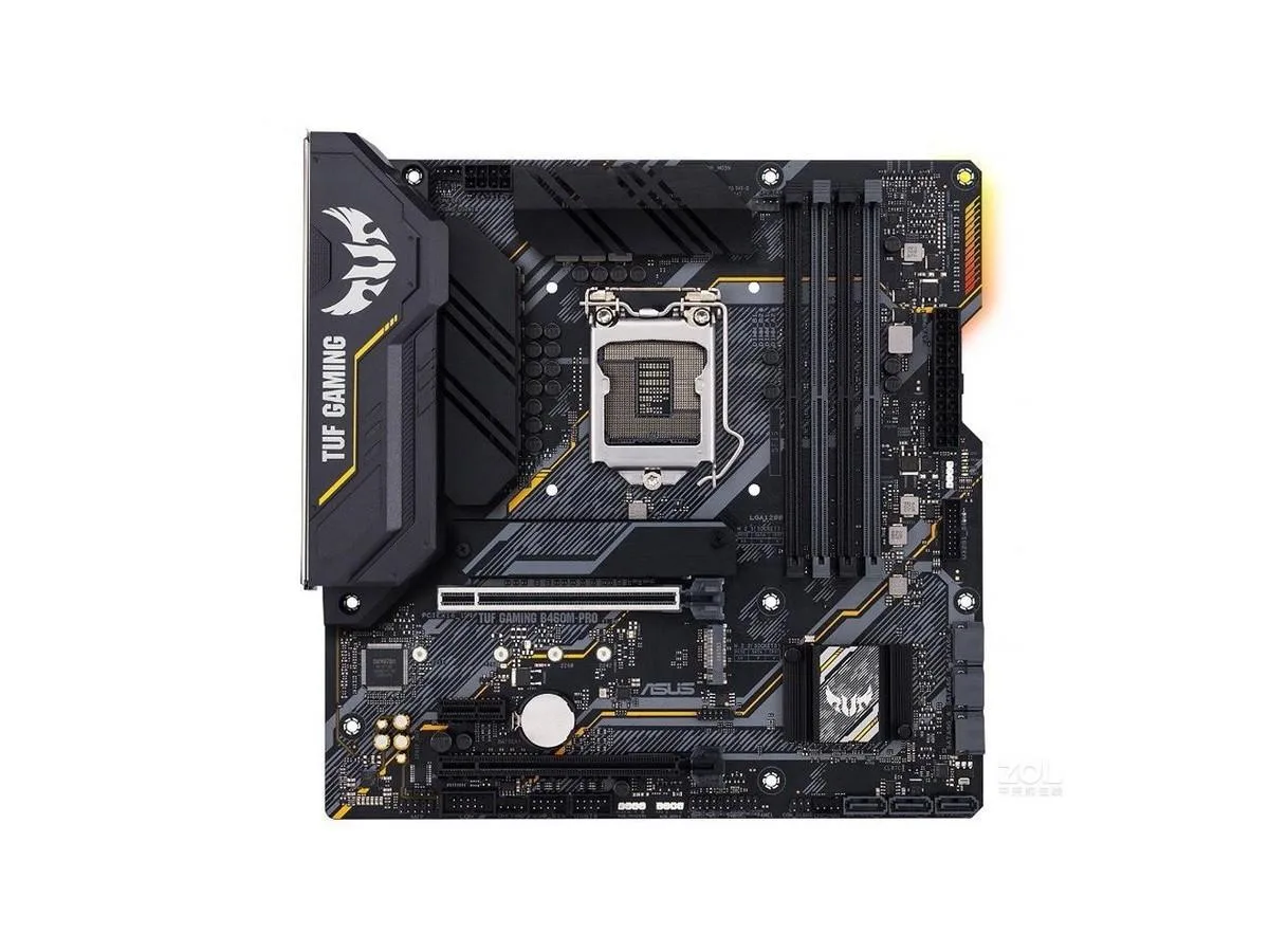 Micro ATX motherboard in black with yellow accents, LGA 1200 socket, four DDR4 slots