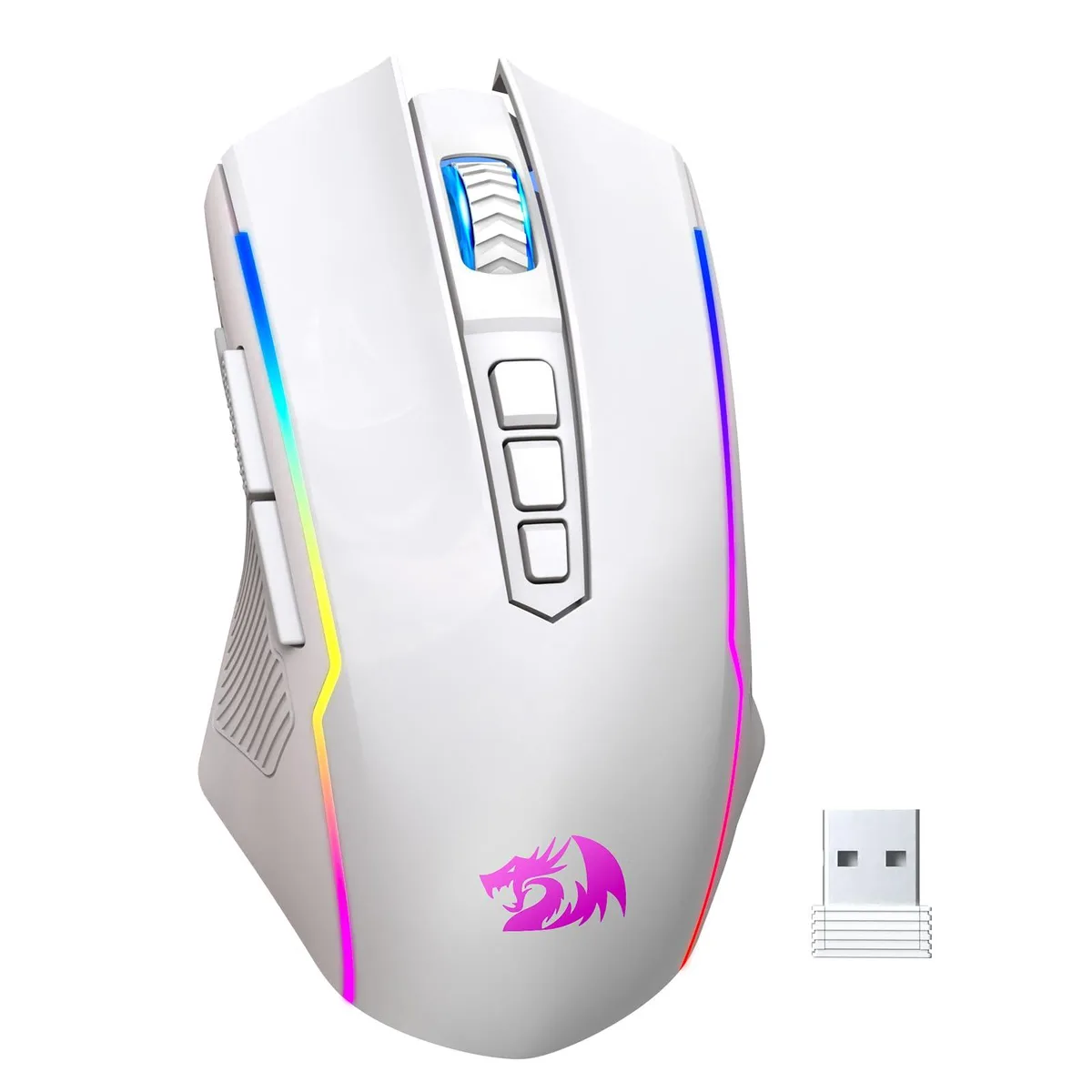 White right-handed gaming mouse with contoured shape, textured side grips, 16 buttons, and RGB lighting zones
